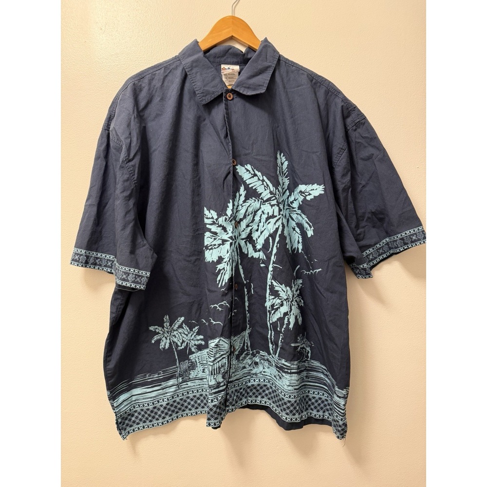 Disney Mickey Mouse Shirt Mens 2XL Navy Blue Tiki Kingdom Hawaiian Aloha Button